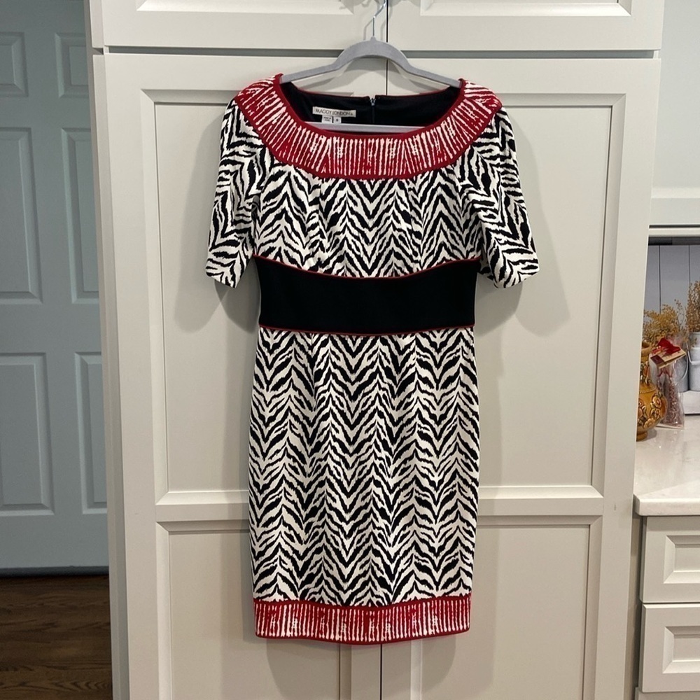Maggy London Women’s Black White and Red Zebra Print Dress Size 8
